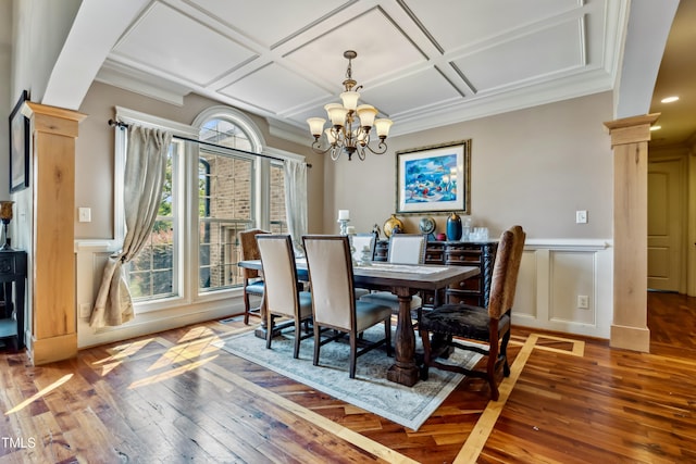 4720 Yates Mill Pond Rd, Raleigh, NC 27606 - dining room featuring decorative columns, a chandelier, wood-type flooring, ornamental molding, and coffered ceiling