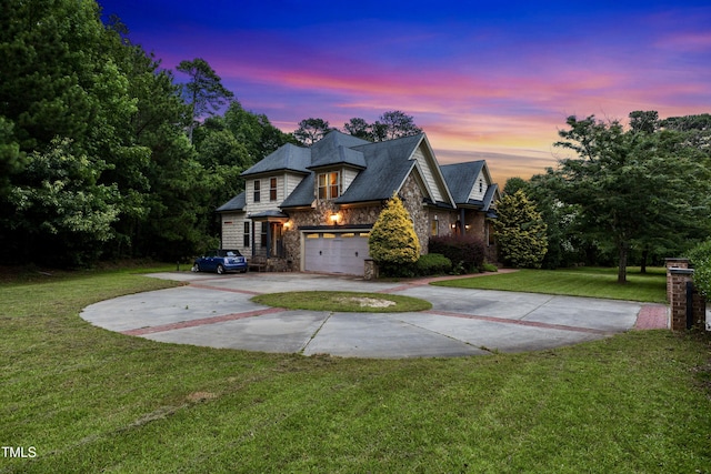 4720 Yates Mill Pond Rd, Raleigh, NC 27606 - view of front of house with concrete driveway, stone siding, and a front yard