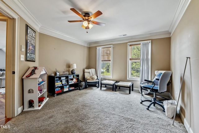4720 Yates Mill Pond Rd, Raleigh, NC 27606 - sitting room featuring carpet flooring, ornamental molding, ceiling fan, and baseboards