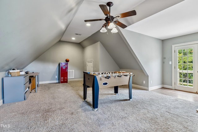 4720 Yates Mill Pond Rd, Raleigh, NC 27606 - game room with a ceiling fan, carpet, vaulted ceiling, baseboards, and recessed lighting