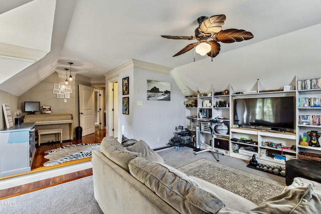 4720 Yates Mill Pond Rd, Raleigh, NC 27606 - living room with ceiling fan, lofted ceiling, wood finished floors, and carpet floors