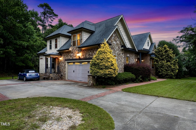 4720 Yates Mill Pond Rd, Raleigh, NC 27606 - view of front of property with stone siding, driveway, a front lawn, and an attached garage