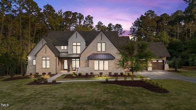 15517 Possum Track Rd, Raleigh, NC 27614 - modern inspired farmhouse with a standing seam roof, asphalt driveway, a front lawn, a garage, and metal roof