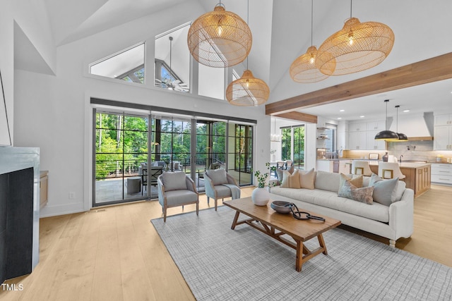 15517 Possum Track Rd, Raleigh, NC 27614 - living room featuring light wood-style flooring, high vaulted ceiling, recessed lighting, a fireplace, and baseboards
