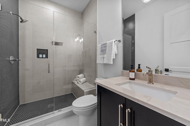 15517 Possum Track Rd, Raleigh, NC 27614 - bathroom with vanity, a stall shower, toilet, and tile patterned floors