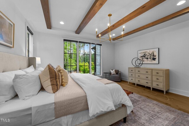 15517 Possum Track Rd, Raleigh, NC 27614 - bedroom with recessed lighting, wood finished floors, beamed ceiling, a chandelier, and baseboards
