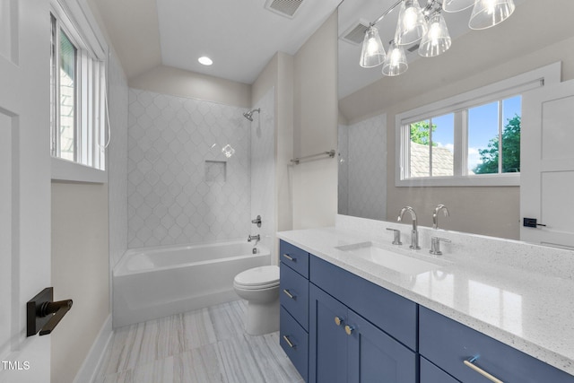 15517 Possum Track Rd, Raleigh, NC 27614 - bathroom with toilet, vanity,  shower combination, a chandelier, and recessed lighting