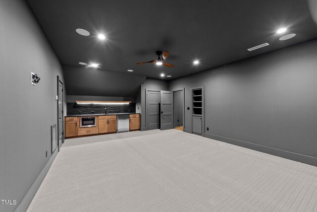 15517 Possum Track Rd, Raleigh, NC 27614 - home theater room with a ceiling fan, light carpet, baseboards, recessed lighting, and a sink