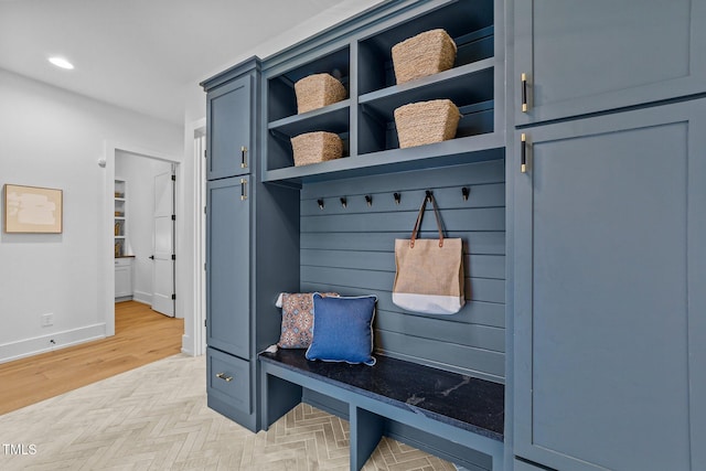 15517 Possum Track Rd, Raleigh, NC 27614 - mudroom with baseboards, parquet floors, and recessed lighting