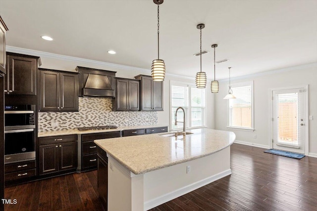 125 Durban Meadow Dr, Holly Springs, NC 27540 - kitchen featuring custom range hood, a sink, appliances with stainless steel finishes, a kitchen island with sink, and dark wood finished floors