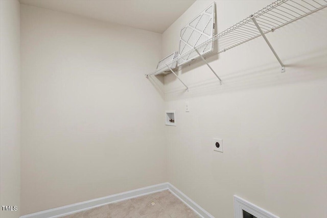 125 Durban Meadow Dr, Holly Springs, NC 27540 - washroom featuring hookup for a washing machine, baseboards, hookup for an electric dryer, and light colored carpet