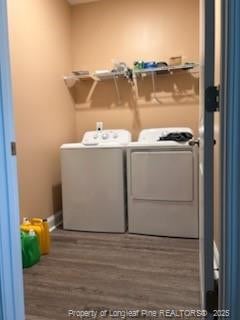90 Tyson Carriage Ln, Autryville, NC 28318 - laundry area featuring washer and dryer, dark wood finished floors, and baseboards