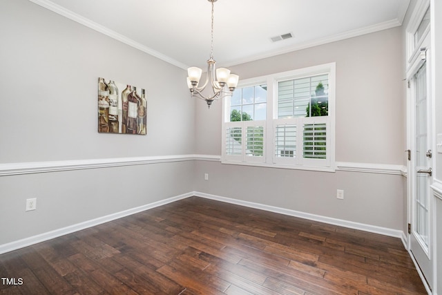 43 Salt Cedar Ln, Chapel Hill, NC 27516 - spare room featuring crown molding, dark wood-style flooring, baseboards, and a chandelier