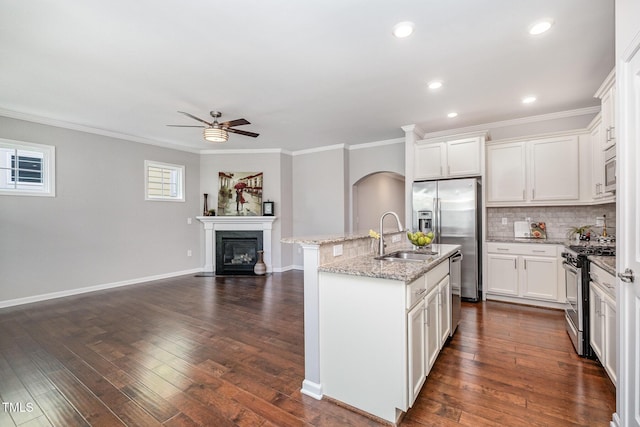 43 Salt Cedar Ln, Chapel Hill, NC 27516 - kitchen featuring stainless steel appliances, a sink, a ceiling fan, crown molding, and tasteful backsplash