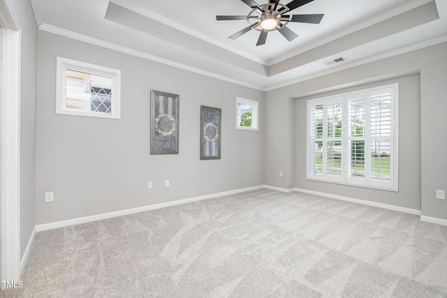 43 Salt Cedar Ln, Chapel Hill, NC 27516 - unfurnished room featuring a tray ceiling, ornamental molding, light colored carpet, a ceiling fan, and baseboards