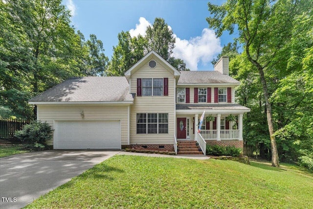 2750 Michelle Ct, Creedmoor, NC 27522 - view of front facade featuring a porch, crawl space, a garage, driveway, and a chimney