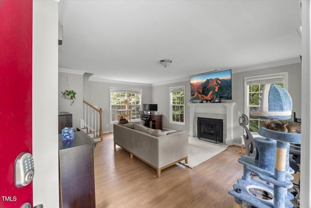 2750 Michelle Ct, Creedmoor, NC 27522 - living room with ornamental molding, wood finished floors, a fireplace with flush hearth, and stairs