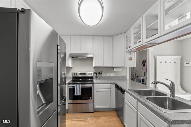 2750 Michelle Ct, Creedmoor, NC 27522 - kitchen with appliances with stainless steel finishes, under cabinet range hood, white cabinets, light wood-style flooring, and glass insert cabinets