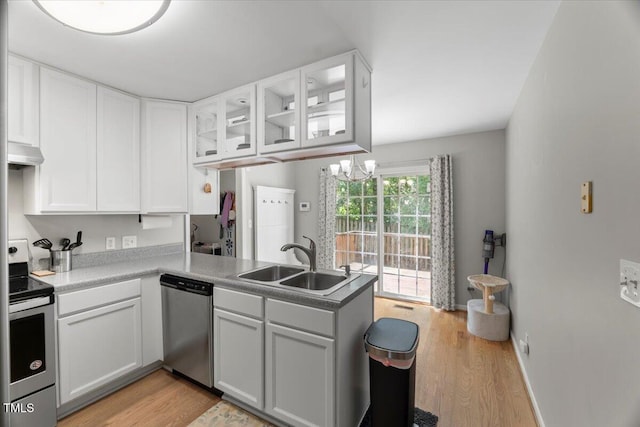 2750 Michelle Ct, Creedmoor, NC 27522 - kitchen featuring stainless steel appliances, under cabinet range hood, a peninsula, and light wood-style floors