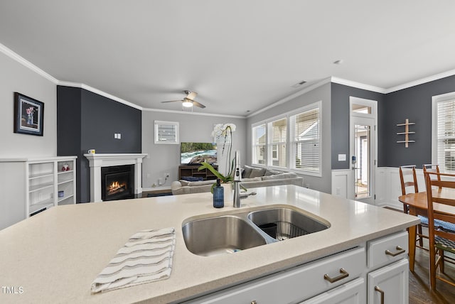 6313 Kayton St, Raleigh, NC 27616 - kitchen featuring a sink, open floor plan, light countertops, crown molding, and white cabinetry