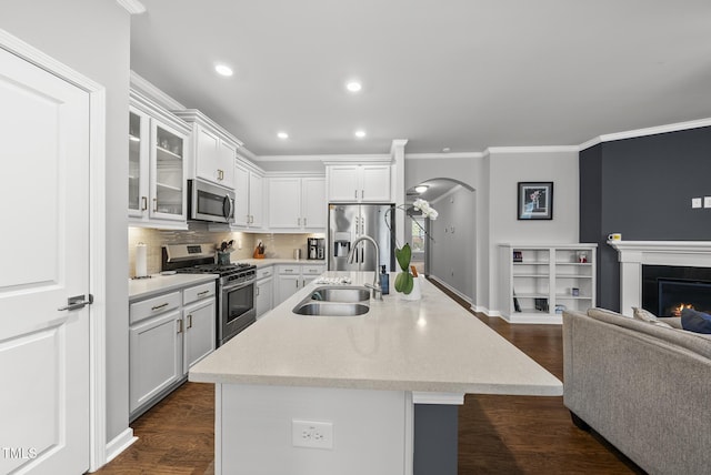 6313 Kayton St, Raleigh, NC 27616 - kitchen with appliances with stainless steel finishes, arched walkways, a sink, crown molding, and a lit fireplace