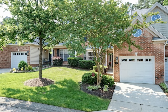 11217 Maplecroft Ct, Raleigh, NC 27617 - view of property hidden behind natural elements featuring an attached garage, concrete driveway, brick siding, and a front lawn