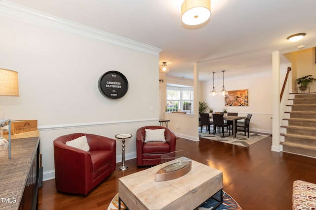 11217 Maplecroft Ct, Raleigh, NC 27617 - living area featuring crown molding, stairs, dark wood finished floors, and baseboards