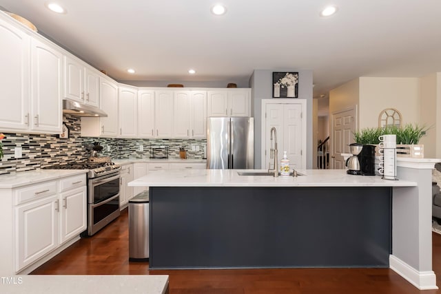 11217 Maplecroft Ct, Raleigh, NC 27617 - kitchen with appliances with stainless steel finishes, a sink, under cabinet range hood, decorative backsplash, and white cabinetry