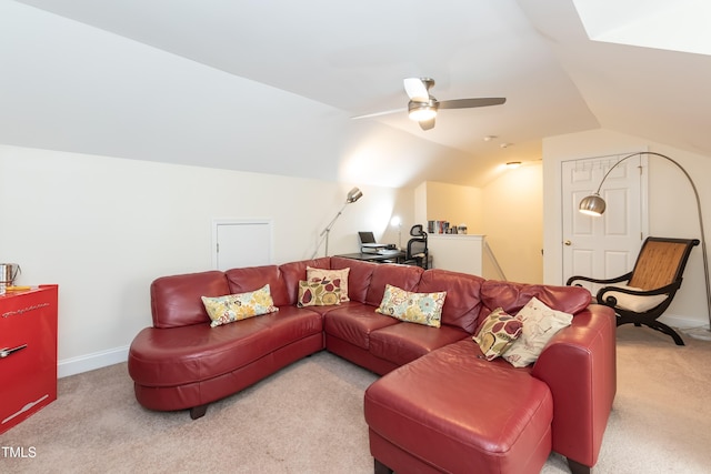 11217 Maplecroft Ct, Raleigh, NC 27617 - living area featuring lofted ceiling, carpet, a ceiling fan, baseboards, and a desk
