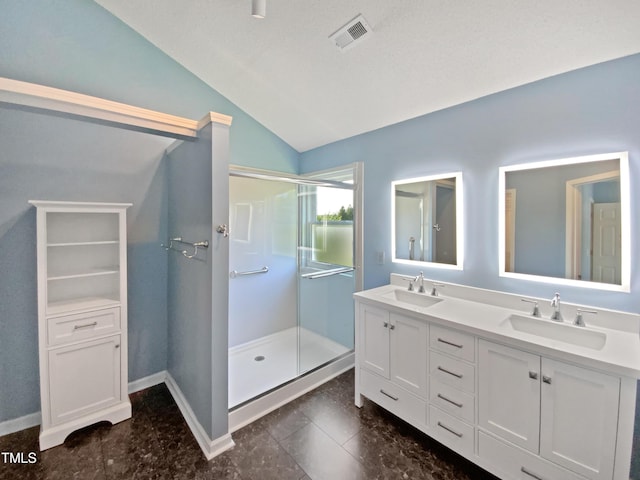 117 Brierridge Dr, Apex, NC 27502 - full bath featuring lofted ceiling, a stall shower, double vanity, and baseboards