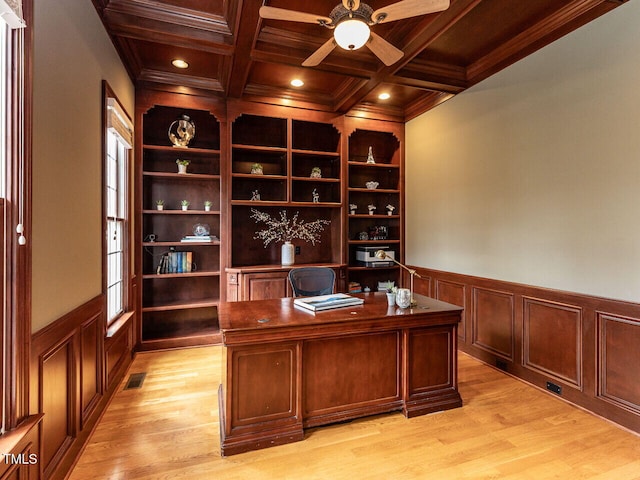 5768 Cavanaugh Dr, Raleigh, NC 27614 - office featuring coffered ceiling, light wood finished floors, ceiling fan, a wood ceiling with exposed beams, and crown molding