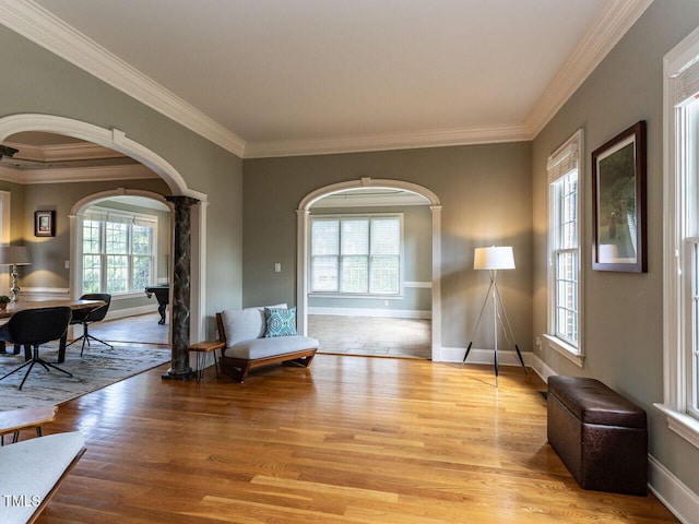 5768 Cavanaugh Dr, Raleigh, NC 27614 - sitting room with arched walkways, ornate columns, light wood-style flooring, and ornamental molding