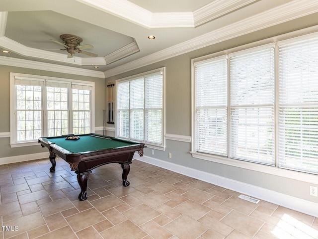 5768 Cavanaugh Dr, Raleigh, NC 27614 - game room featuring ceiling fan, billiards, light stone finish flooring, a raised ceiling, and ornamental molding