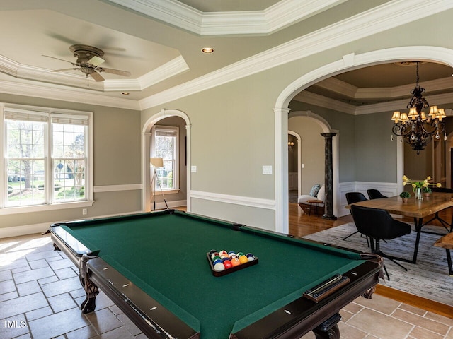 5768 Cavanaugh Dr, Raleigh, NC 27614 - playroom with arched walkways, a tray ceiling, billiards, a ceiling fan, and ornamental molding