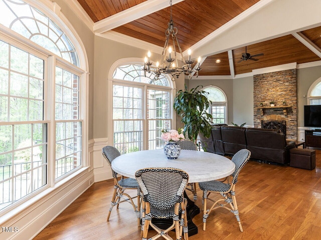 5768 Cavanaugh Dr, Raleigh, NC 27614 - dining room with wooden ceiling, a fireplace, healthy amount of natural light, a wainscoted wall, and ornamental molding