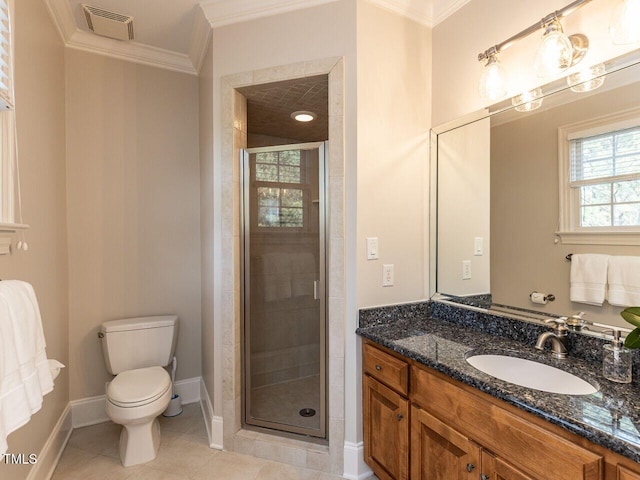 5768 Cavanaugh Dr, Raleigh, NC 27614 - full bath featuring crown molding, vanity, a shower stall, and tile patterned flooring
