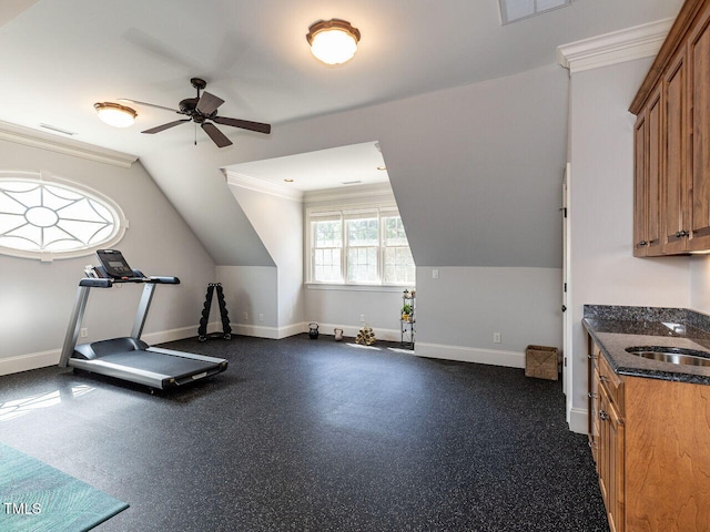 5768 Cavanaugh Dr, Raleigh, NC 27614 - workout area featuring ceiling fan, crown molding, and lofted ceiling