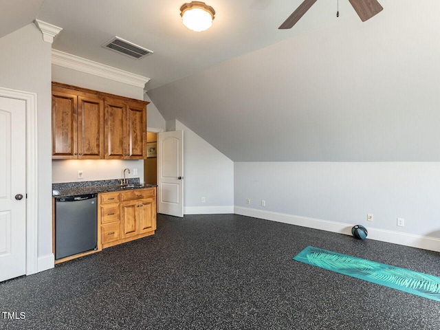 5768 Cavanaugh Dr, Raleigh, NC 27614 - bar with dishwashing machine, vaulted ceiling, a ceiling fan, and crown molding