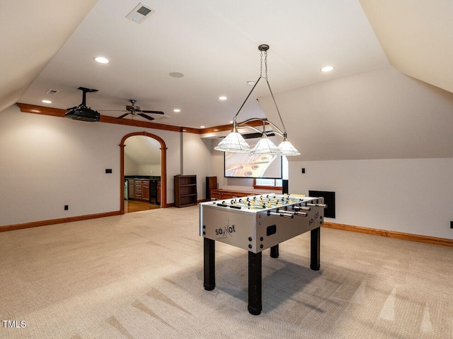 5768 Cavanaugh Dr, Raleigh, NC 27614 - rec room with light carpet, vaulted ceiling, recessed lighting, and ceiling fan