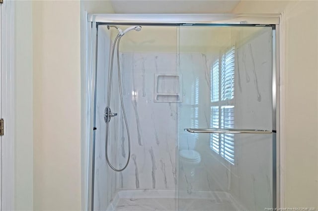 1718 Carthage St, Sanford, NC 27330 - full bathroom featuring a marble finish shower, marble finish flooring, plenty of natural light, and toilet