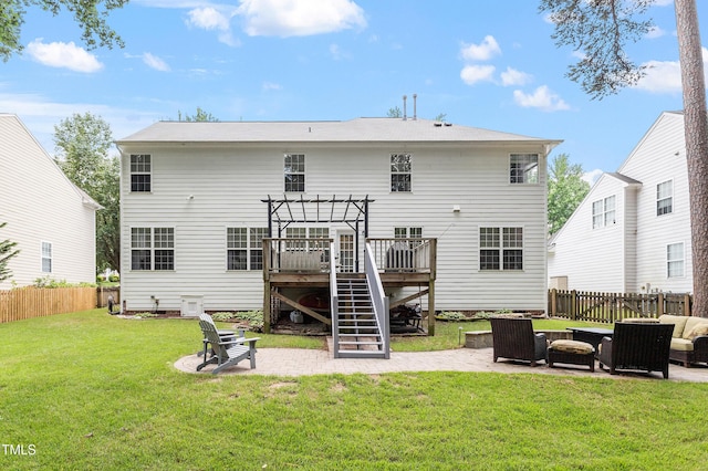 2422 Castleburg Dr, Apex, NC 27523 - rear view of property featuring an outdoor living space, a patio area, a wooden deck, and stairway