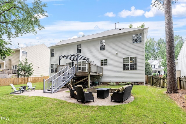 2422 Castleburg Dr, Apex, NC 27523 - rear view of property featuring a patio, a pergola, a fenced backyard, stairway, and an outdoor living space with a fire pit