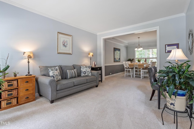 2422 Castleburg Dr, Apex, NC 27523 - living area featuring light carpet, crown molding, and a chandelier