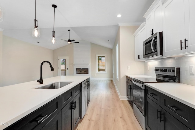 162 Gumtop Dr, Zebulon, NC 27597 - kitchen featuring stainless steel appliances, a sink, a ceiling fan, light countertops, and light wood finished floors
