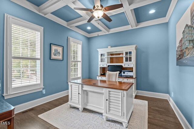 204 Franconia Way, Apex, NC 27502 - office space featuring a ceiling fan, dark wood-type flooring, beam ceiling, coffered ceiling, and recessed lighting