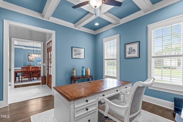 204 Franconia Way, Apex, NC 27502 - office area featuring ceiling fan, coffered ceiling, dark wood-style flooring, healthy amount of natural light, and beam ceiling