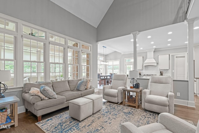 204 Franconia Way, Apex, NC 27502 - living room featuring ornate columns, wood finished floors, recessed lighting, and high vaulted ceiling