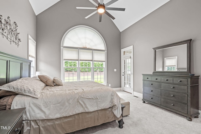 204 Franconia Way, Apex, NC 27502 - carpeted bedroom with access to outside, multiple windows, high vaulted ceiling, and ceiling fan