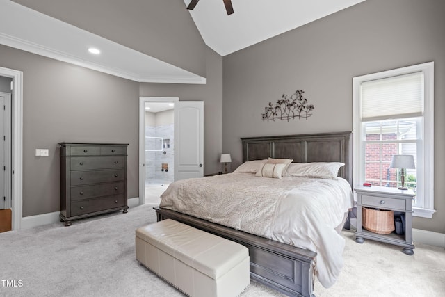 204 Franconia Way, Apex, NC 27502 - carpeted bedroom with lofted ceiling, crown molding, recessed lighting, connected bathroom, and a ceiling fan