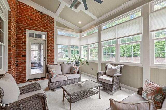 204 Franconia Way, Apex, NC 27502 - sunroom / solarium with ceiling fan, carpet floors, coffered ceiling, crown molding, and outdoor lounge area